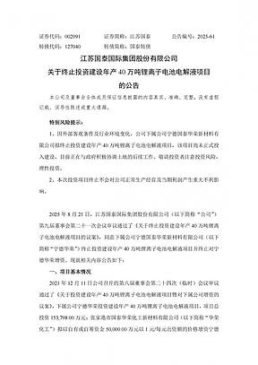 江苏国泰拟终止投建锂离子电池电解液项目