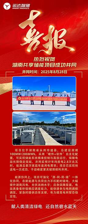 迎峰度夏添 “强援”！运达智储湖南200MWh共享储能项目全容量并网