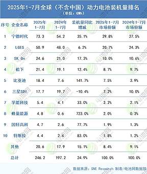 海外动力电池装车量TOP10：比亚迪超越三星SDI 蜂巢能源超越特斯拉