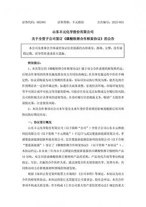 丰元股份子公司签磷酸铁锂合作框架协议 未来三年对外提供正极材料产品10万吨