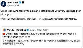 马斯克惊叹：中国正快速迈向太阳能+电力未来 对油气需求将大幅降低