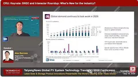 Alex Barrows, Head of PV at CRU, discusses global PV demand, manufacturing overcapacity and technology trends during the TaiyangNews Global PV System Technology Trends Conference.